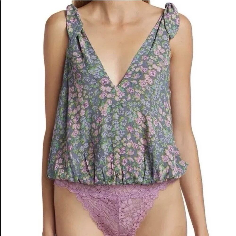 New Free People Bare it All Bodysuit Top Size Small Chambray Combo Boho Sexy S14